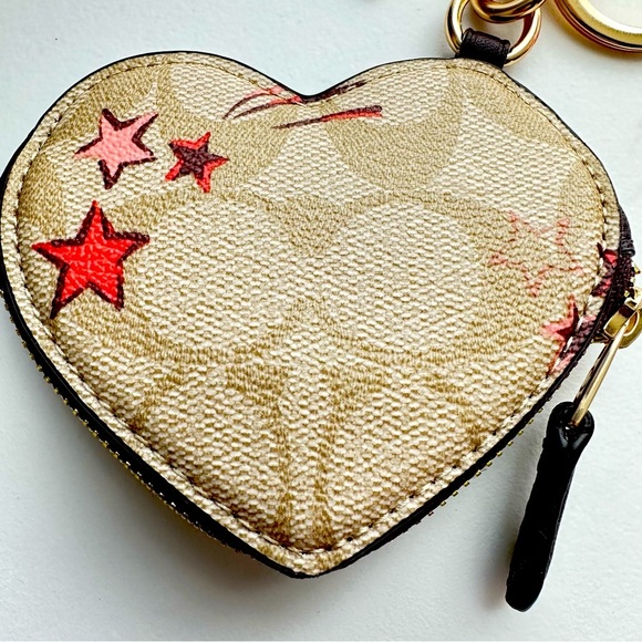 NWT Coach Heart Pouch Bag Charm In Signature Canvas With Heart And Star Print - Picture 6 of 11